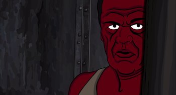 Movie still from “Waking Life” (2001), directed by Richard Linklater – A cartoon of a man in a red outfit; Close Up shot, Overhead angle