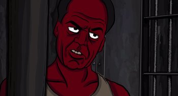 Movie still from “Waking Life” (2001), directed by Richard Linklater – A cartoon of a man with a red face; Close Up shot, High angle