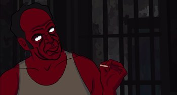 Movie still from “Waking Life” (2001), directed by Richard Linklater – A man with a cigarette in his mouth in front of a jail cell; Close Up shot, High angle