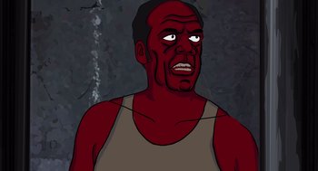 Movie still from “Waking Life” (2001), directed by Richard Linklater – An animated man in a red tank top and brown tank top; Close Up shot, Overhead angle