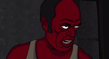 Movie still from “Waking Life” (2001), directed by Richard Linklater – An animated man in a red shirt is looking angry; Extreme Close Up shot, Overhead angle