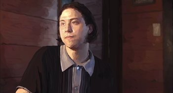 Movie still from “Waking Life” (2001), directed by Richard Linklater – A painting of a woman in a black jacket; Close Up shot, Low angle