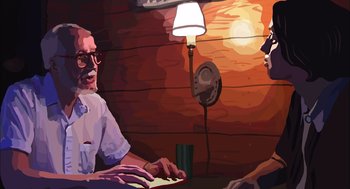 Movie still from “Waking Life” (2001), directed by Richard Linklater – Two people sitting at a table with a laptop computer in front of them; Medium shot, Over the shoulder angle