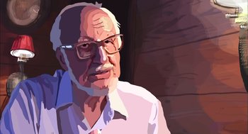 Movie still from “Waking Life” (2001), directed by Richard Linklater – An old man wearing glasses and a white collared shirt; Close Up shot, Low angle