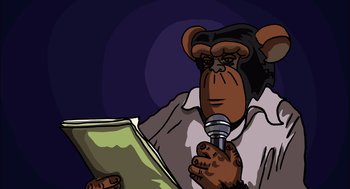 Movie still from “Waking Life” (2001), directed by Richard Linklater – A cartoon of a chimpanzee holding a microphone and reading; Close Up shot, Low angle