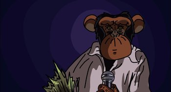 Movie still from “Waking Life” (2001), directed by Richard Linklater – A cartoon of a monkey holding a microphone; Close Up shot, Low angle