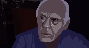 Movie still from “Waking Life” (2001), directed by Richard Linklater – An old man with a bald head is looking at the camera; Close Up shot, Low angle