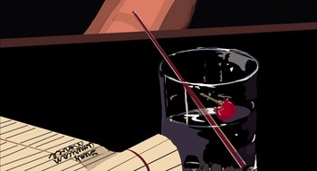 Movie still from “Waking Life” (2001), directed by Richard Linklater – An illustration of an apple and a glass of wine; Extreme Close Up shot, Overhead angle