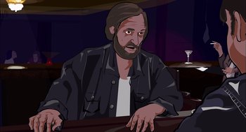 Movie still from “Waking Life” (2001), directed by Richard Linklater – A man sitting at a table in front of a wine glass; Close Up shot, Over the shoulder angle