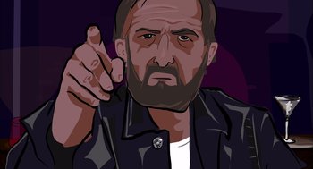 Movie still from “Waking Life” (2001), directed by Richard Linklater – An image of a man pointing his finger at the camera; Close Up shot, Low angle