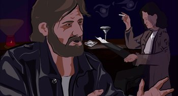 Movie still from “Waking Life” (2001), directed by Richard Linklater – A man sitting at a table in front of a glass of wine; Close Up shot, Over the shoulder angle