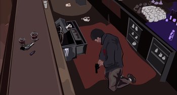 Movie still from “Waking Life” (2001), directed by Richard Linklater – A man kneeling on the ground holding a gun; Wide shot, Overhead angle
