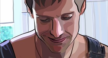 Movie still from “Waking Life” (2001), directed by Richard Linklater – A man with his eyes closed and his head tilted to the side; Close Up shot, High angle