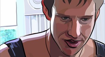 Movie still from “Waking Life” (2001), directed by Richard Linklater – An illustration of a man's face in a room; Extreme Close Up shot, Low angle