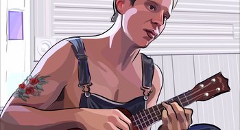 Movie still from “Waking Life” (2001), directed by Richard Linklater – A man playing a guitar in front of a white wall; Close Up shot, Low angle