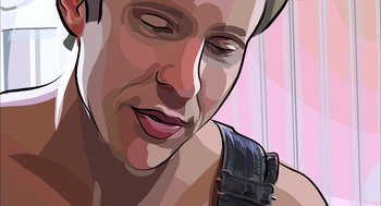 Movie still from “Waking Life” (2001), directed by Richard Linklater – A man with his arm wrapped around his shoulder; Extreme Close Up shot, Low angle