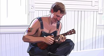 Movie still from “Waking Life” (2001), directed by Richard Linklater – A man sitting on the ground playing a guitar; Close Up shot, High angle