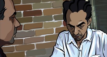 Movie still from “Waking Life” (2001), directed by Richard Linklater – An illustration of a man in a white dress shirt; Close Up shot, Low angle
