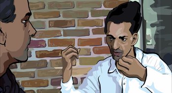 Movie still from “Waking Life” (2001), directed by Richard Linklater – An illustration of a man holding a piece of paper; Close Up shot, Low angle