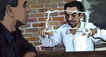 Movie still from “Waking Life” (2001), directed by Richard Linklater – A cartoon of a man holding a lightning strike; Close Up shot, Over the shoulder angle