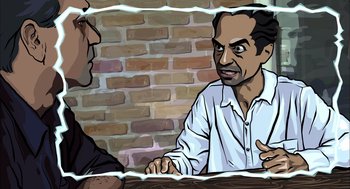 Movie still from “Waking Life” (2001), directed by Richard Linklater – Two men are sitting at a table and one of the men is talking to another man; Close Up shot, Over the shoulder angle