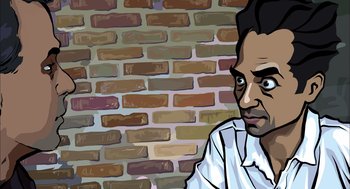 Movie still from “Waking Life” (2001), directed by Richard Linklater – A man in a white shirt is standing in front of a brick wall; Close Up shot, Overhead angle