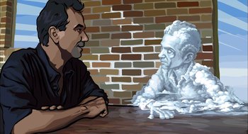 Movie still from “Waking Life” (2001), directed by Richard Linklater – A man sitting at a table next to a bust of a man; Medium shot, Over the shoulder angle