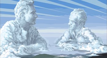 Movie still from “Waking Life” (2001), directed by Richard Linklater – A painting of two heads in the clouds; Extreme Wide shot, Low angle