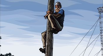 Movie still from “Waking Life” (2001), directed by Richard Linklater – An old man climbing up the side of a telephone pole; Wide shot, Low angle