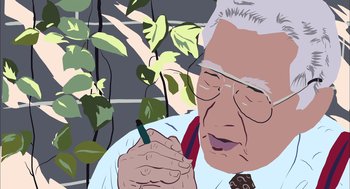 Movie still from “Waking Life” (2001), directed by Richard Linklater – An older man is writing with a pencil; Close Up shot, Low angle