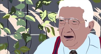 Movie still from “Waking Life” (2001), directed by Richard Linklater – An old man with glasses and a tie; Close Up shot, Low angle