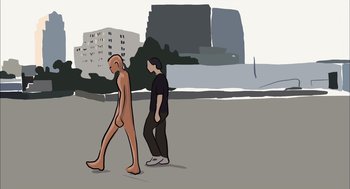 Movie still from “Waking Life” (2001), directed by Richard Linklater – A man walking next to another man on a sidewalk; Wide shot, Low angle