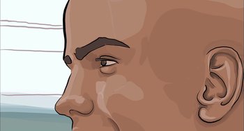 Movie still from “Waking Life” (2001), directed by Richard Linklater – An illustration of a man's face with a bald head; Extreme Close Up shot, Over the shoulder angle