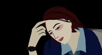 Movie still from “Waking Life” (2001), directed by Richard Linklater – A woman with her hand up to her forehead; Close Up shot, High angle