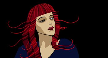 Movie still from “Waking Life” (2001), directed by Richard Linklater – A drawing of a woman with long red hair; Close Up shot, Low angle