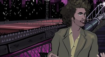Movie still from “Waking Life” (2001), directed by Richard Linklater – An illustration of a man with a curly hair; Medium shot, Over the shoulder angle