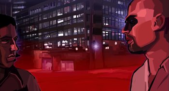 Movie still from “Waking Life” (2001), directed by Richard Linklater – A painting of a man looking at a building at night; Close Up shot, Low angle