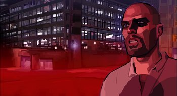 Movie still from “Waking Life” (2001), directed by Richard Linklater – A man standing in front of a building at night; Close Up shot, Low angle