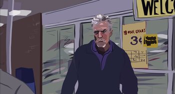 Movie still from “Waking Life” (2001), directed by Richard Linklater – An older man with a gray beard and a purple shirt; Close Up shot, Low angle