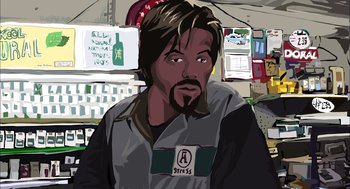 Movie still from “Waking Life” (2001), directed by Richard Linklater – An illustration of a man with a beard and mustache; Close Up shot, Overhead angle