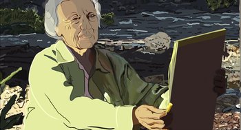 Movie still from “Waking Life” (2001), directed by Richard Linklater – An old man sitting in front of a painting; Medium shot, Low angle