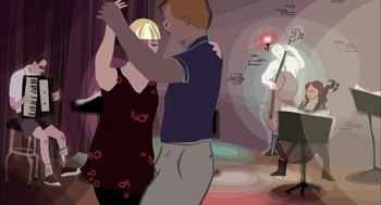 Movie still from “Waking Life” (2001), directed by Richard Linklater – A man and a woman are dancing in a room; Wide shot, Over the shoulder angle