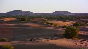 Movie still from “Walkabout” (1971), directed by Nicolas Roeg – A view of a desert landscape with trees in the background; Extreme Wide shot, High angle