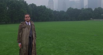 Movie still from “Wall Street” (1987), directed by Oliver Stone – A man standing in the grass with a coat over his head; Wide shot, Low angle