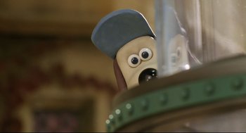 Movie still from “Wallace & Gromit: The Curse of the Were-Rabbit” (2005), directed by Nick Park – The face of a cartoon character; Close Up shot, Low angle