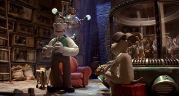 Movie still from “Wallace & Gromit: The Curse of the Were-Rabbit” (2005), directed by Nick Park – A couple of people that are sitting in a room together; Wide shot, Over the shoulder angle