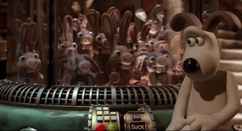 Movie still from “Wallace & Gromit: The Curse of the Were-Rabbit” (2005), directed by Nick Park – View of a bunch of stuffed animals; Close Up shot, Over the shoulder angle