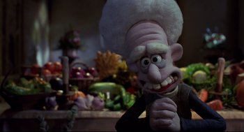Movie still from “Wallace & Gromit: The Curse of the Were-Rabbit” (2005), directed by Nick Park – A cartoon character with a white wig; Close Up shot, Over the shoulder angle