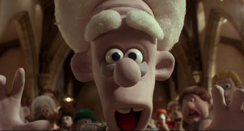 Movie still from “Wallace & Gromit: The Curse of the Were-Rabbit” (2005), directed by Nick Park – View of the head of a cartoon character; Close Up shot, Low angle