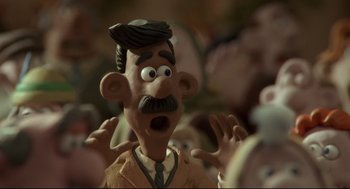 Movie still from “Wallace & Gromit: The Curse of the Were-Rabbit” (2005), directed by Nick Park – A cartoon character with a surprised look; Close Up shot, Low angle
